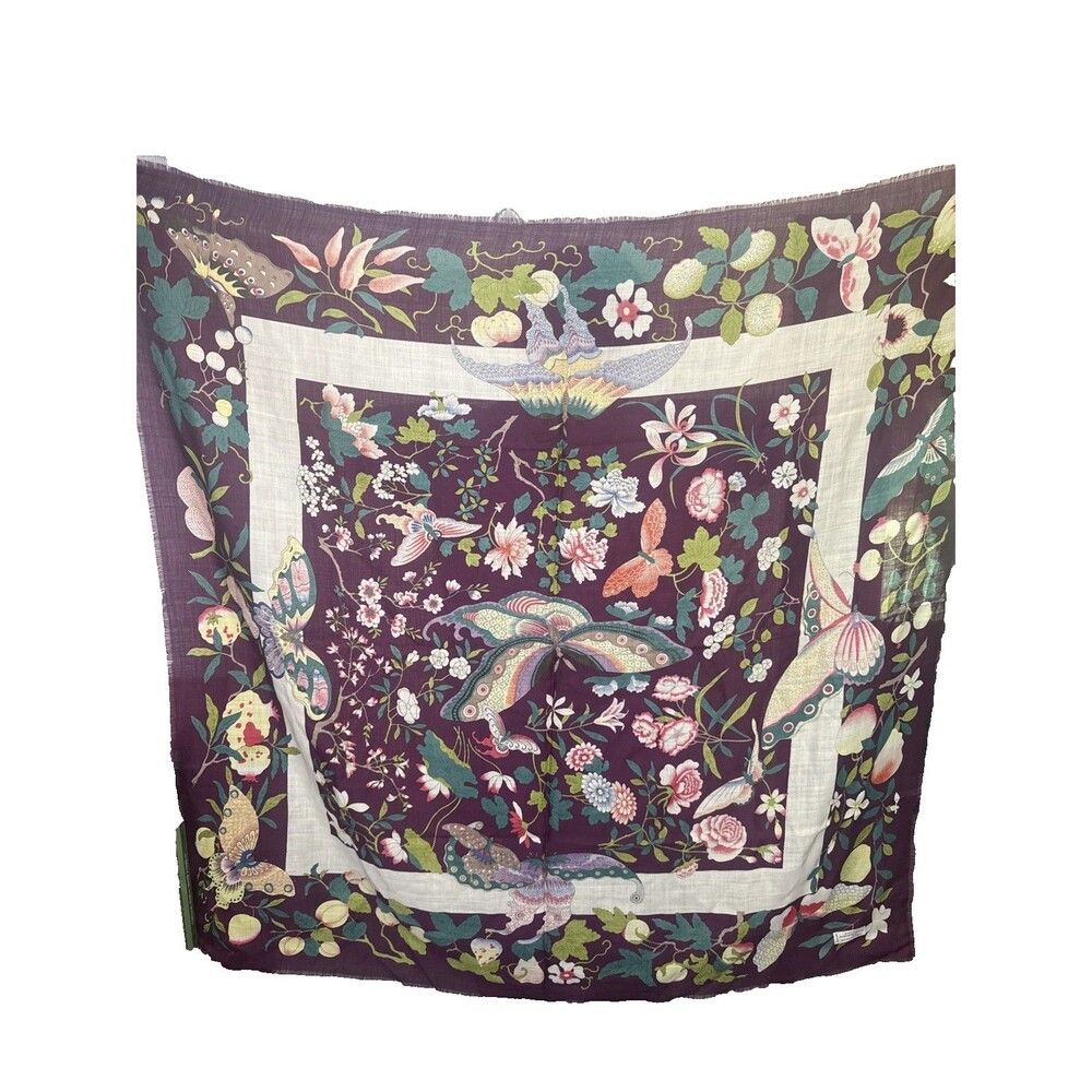 Vintage 100% Wool Scarf Multicolor Leaves on Plum Purple Made in Japan MET 44x45